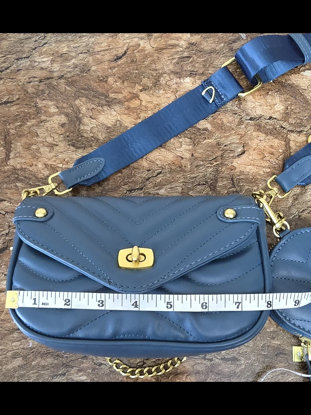 Quilted Blue Crossbody Bag w/ Gold Chain Strap & Mini Coin Pouch – Chic & Trendy